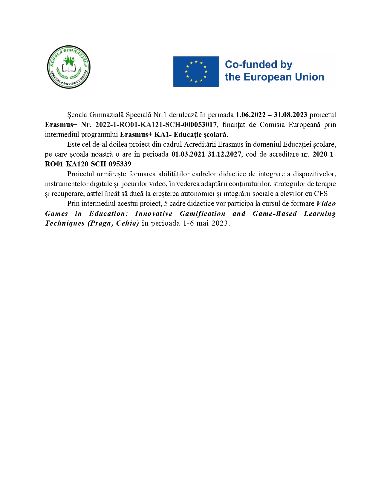 Anunt selectie cadre didactice proiect Erasmus